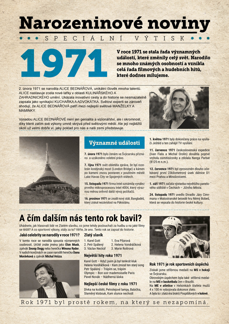 Narozeninové noviny 1971 s vlastní fotografií a textem, S fotografií a textem