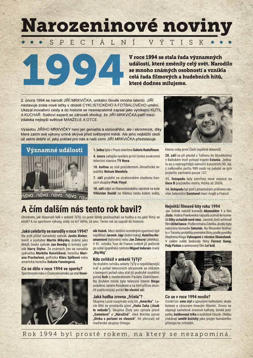 Levně Narozeninové noviny 1994 s vlastním textem s fotografií, S fotografií