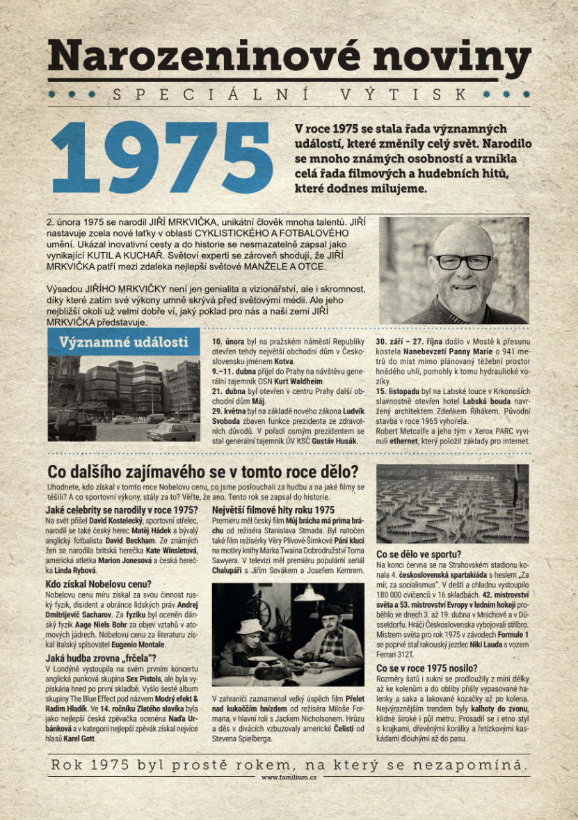 Narozeninové noviny 1975 s vlastní fotografií a textem, S textem