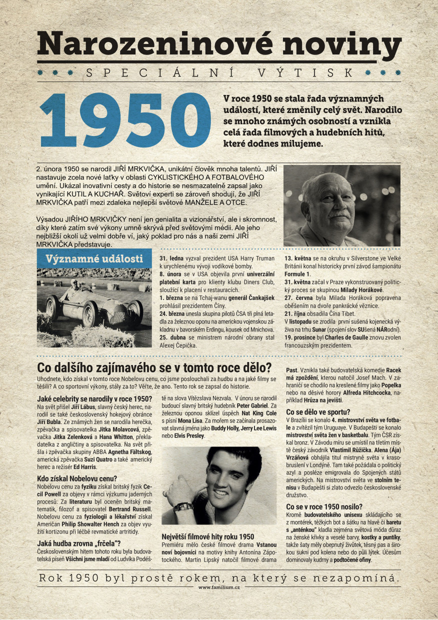 Narozeninové noviny 1950 s vlastní fotografií a textem, S fotografií a textem
