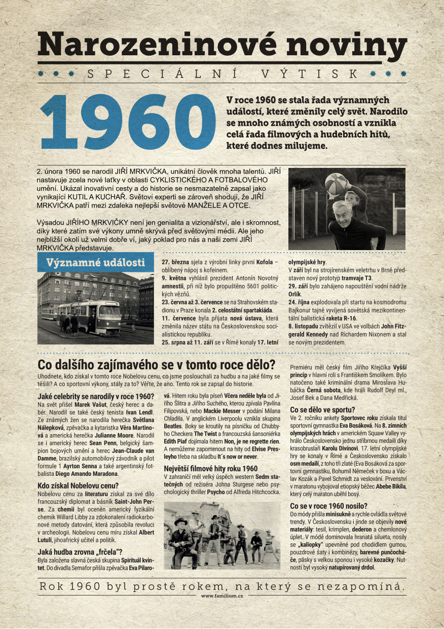 Narozeninové noviny 1960 s vlastní fotografií a textem, S textem