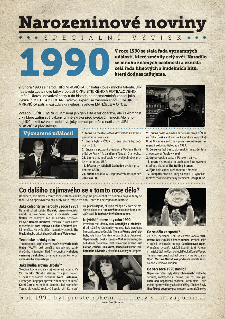 Narozeninové noviny 1990 s vlastní fotografií a textem, S textem