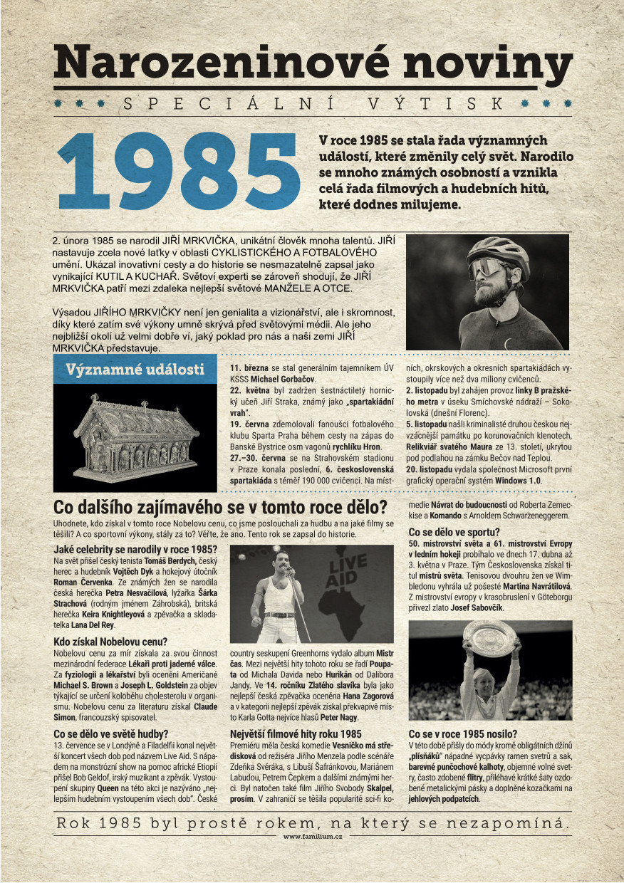 Narozeninové noviny 1985 s vlastní fotografií a textem, S textem