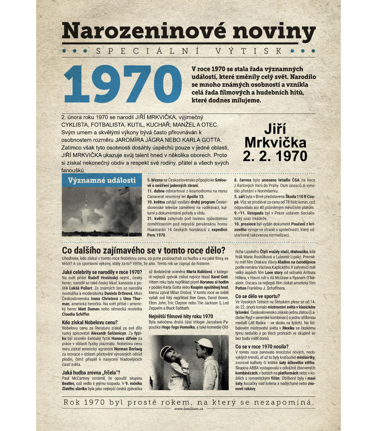 Narozeninové noviny 1970| Originální dárky s věnováním