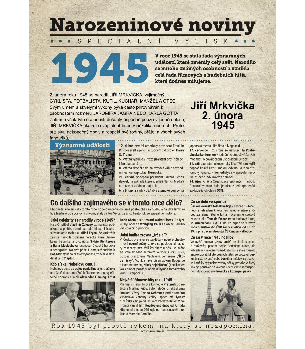Narozeninové noviny 1945 | Originální dárky s věnováním
